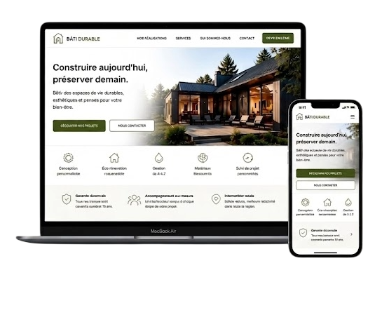 Bâti Durable — site web professionnel APRÈS livré par Nytha IA : design sur-mesure, vue laptop + mobile